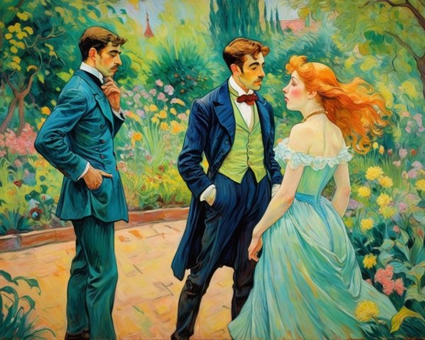 Elegant Garden Scene with Two Men and a Woman