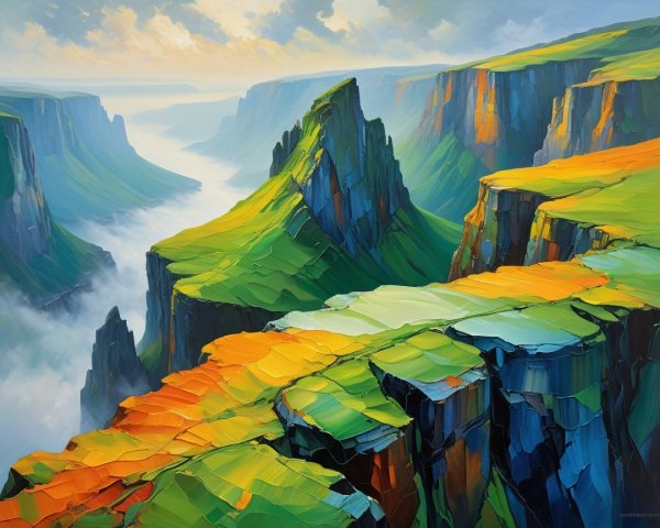 Vibrant Landscape with Green Cliffs and Misty River