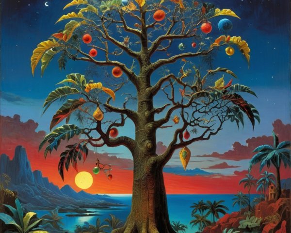 Surreal Landscape with Towering Tree and Sunset Sky