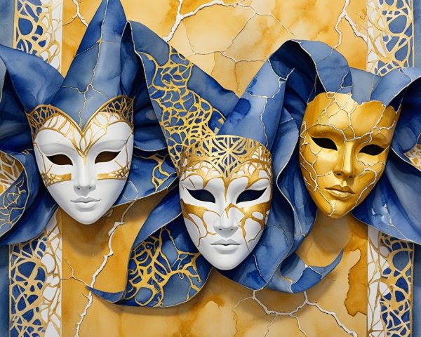 Intricate White and Gold Masquerade Masks Display