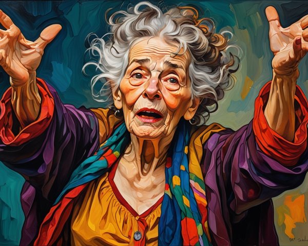 Elderly Woman with Curly Hair in Vibrant Attire