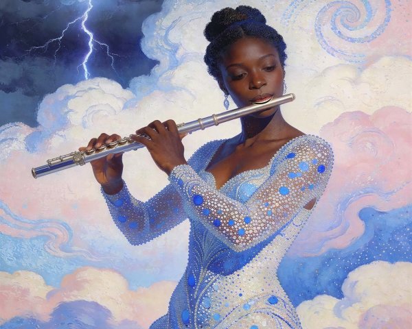 Woman Playing Flute in Pastel Cloud Background