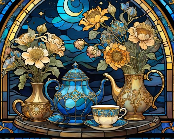 Vibrant Stained Glass Artwork of Teapot and Flowers