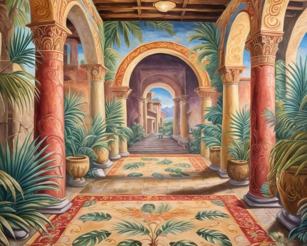 Ornate Hallway with Colorful Decor and Plants