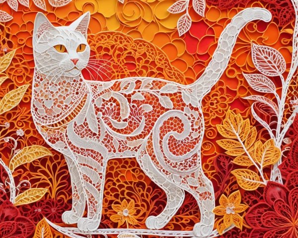 Intricate Paper-Cut Cat Artwork on Vibrant Background