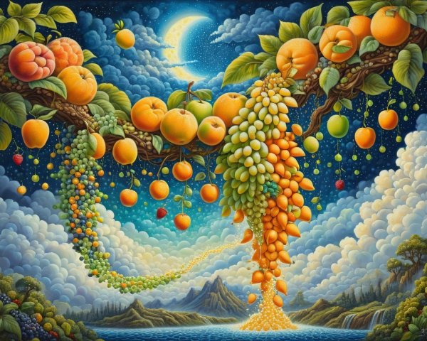 Vibrant Fruit Branches Over Tranquil Water Scene