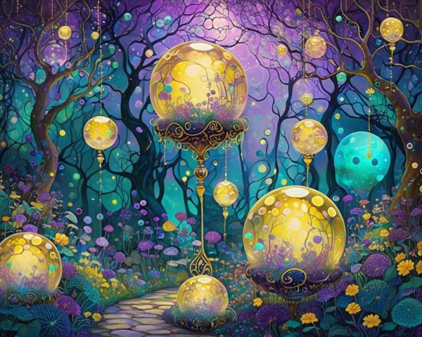 Mystical forest with golden orbs and vibrant flora