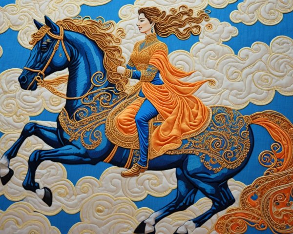 Embroidered Scene of Woman on Blue Horse with Clouds