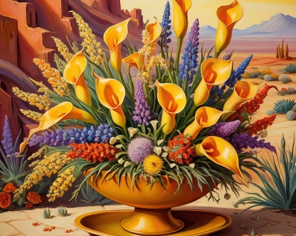 Vibrant Bouquet in Golden Bowl Against Desert Landscape