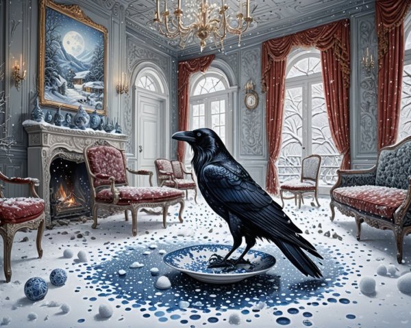 Opulent Room with Raven and Snowy Landscape Painting