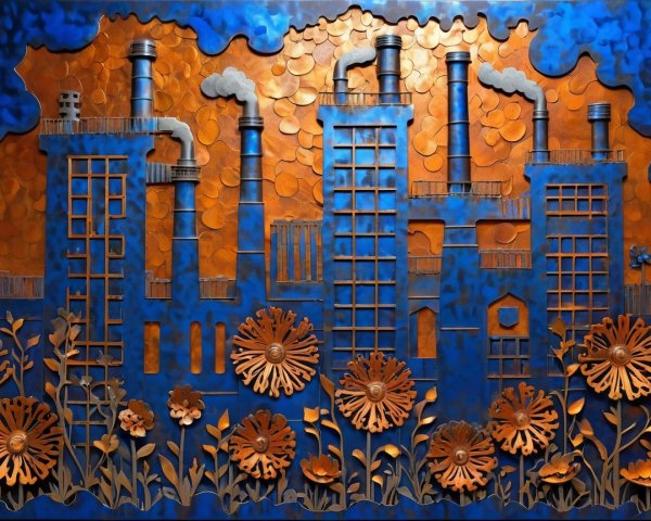 Vibrant Industrial Scene with Flowers and Textured Background