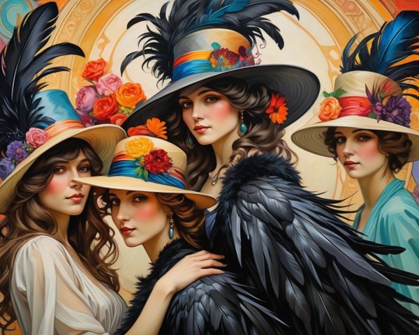 Elegant Women in Ornate Hats with Glamorous Makeup