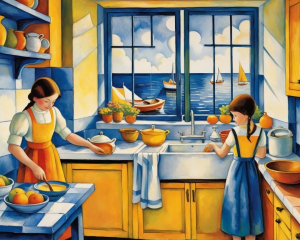 Vibrant Kitchen Scene with Food Preparation and Seascape