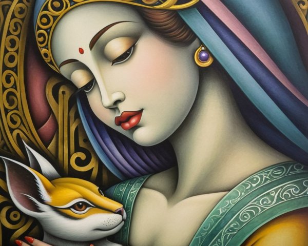Serene Woman with Fox in Intricate Patterned Background