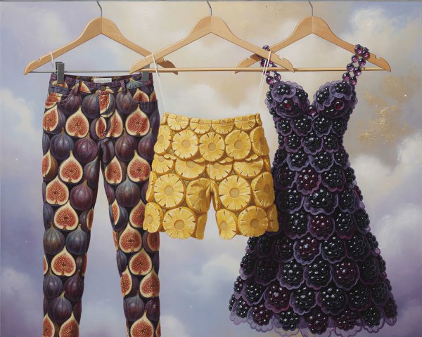 Surrealist Still Life of Fruit-Themed Garments on Line