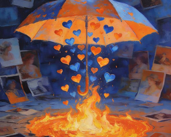 Oil Painting of Umbrella in Rain with Floating Hearts