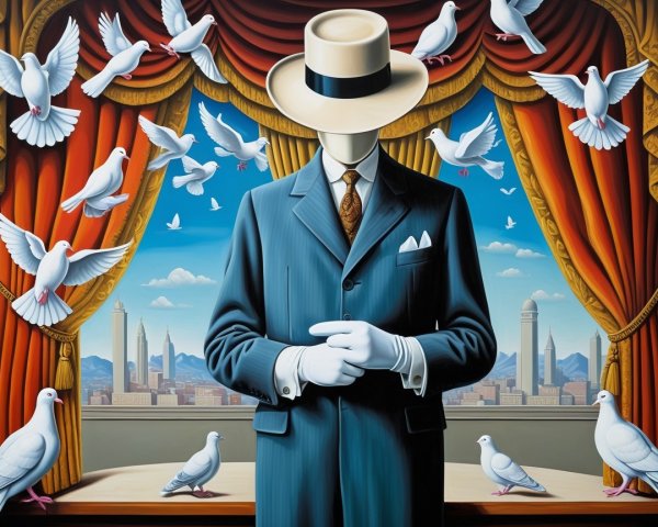 Surreal Scene of Figure in Suit with Doves and Drapes