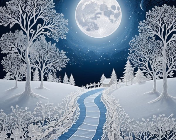 Serene Winter Landscape with Moonlit Snow Path