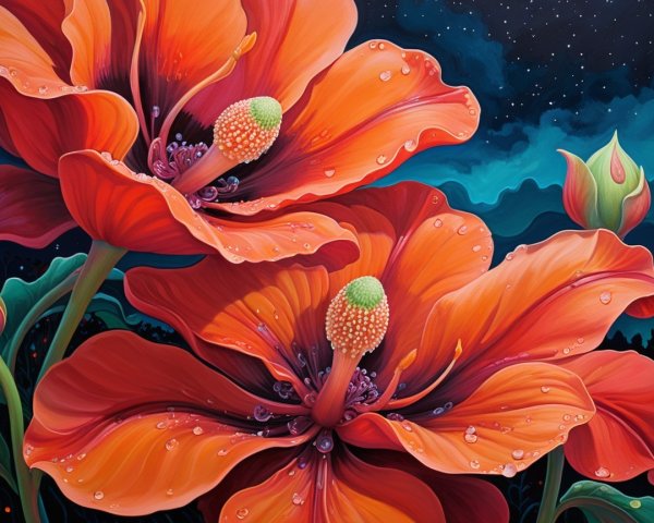 Vibrant Illustration of Orange Flowers Against Blue Sky