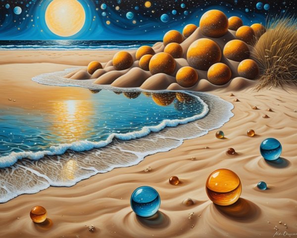 Surreal Beach Scene at Twilight with Moon and Marbles