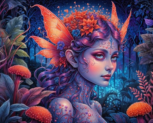 Mystical Fairy with Orange Butterfly Wings Illustration
