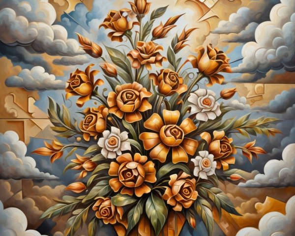 Vibrant Bouquet of Stylized Roses with Abstract Elements