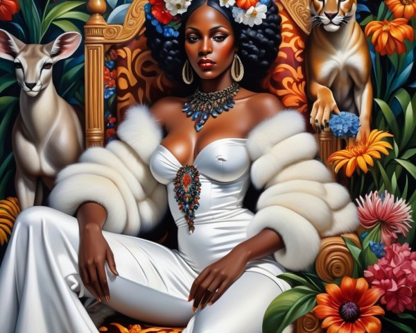 Regal Woman on Throne Surrounded by Nature and Animals