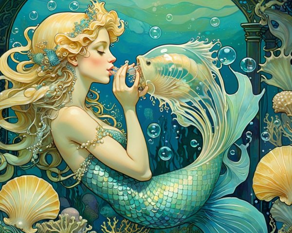 Mermaid with Golden Hair Surrounded by Sea Life