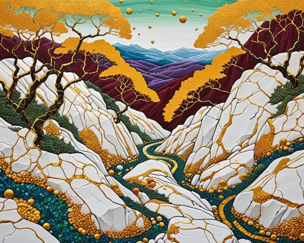 Vibrant landscape with river, mountains, and golden trees