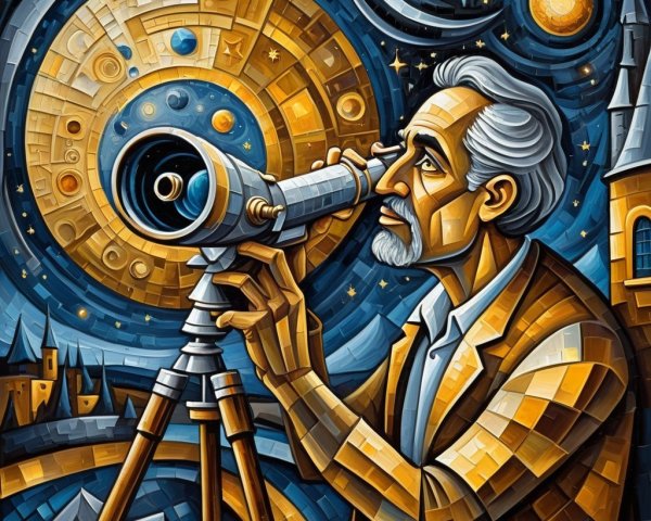 Elderly Man Gazing at Night Sky Through Telescope