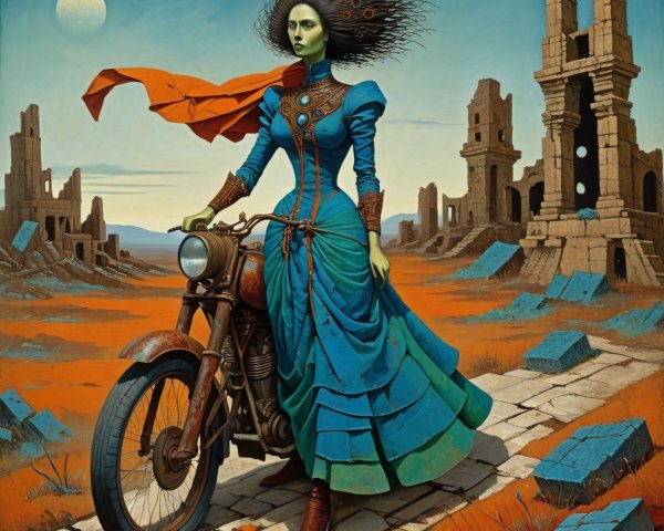 Surreal Landscape with Figure in Blue Gown on Motorcycle
