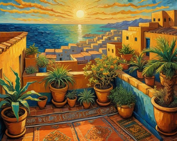 Vibrant Sunset Over Coastal Town with Lush Balcony