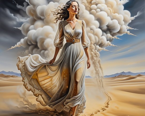 Woman in Pale Dress in Expansive Desert Landscape