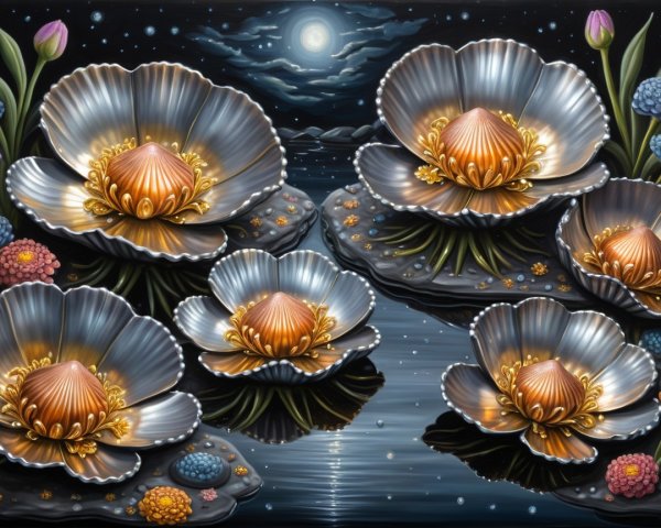 Ornate Silver and Gold Flowers on Dark Waters