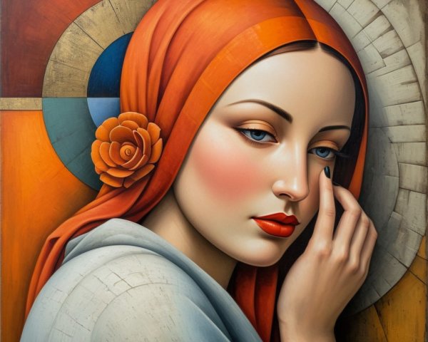 Woman in Orange Headscarf with Geometric Background