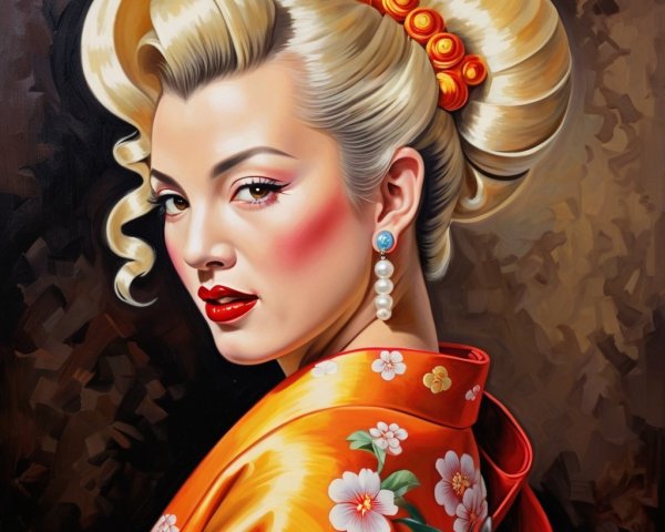 Portrait of a Woman in Elegant Orange Kimono
