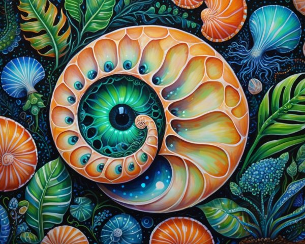 Vibrant Nautilus Shell Illustration with Marine Elements