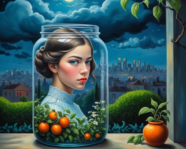 Young woman in glass jar with oranges and flowers