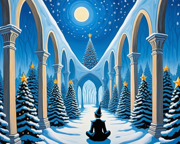 Winter Pathway with Snow-Covered Trees and Stars