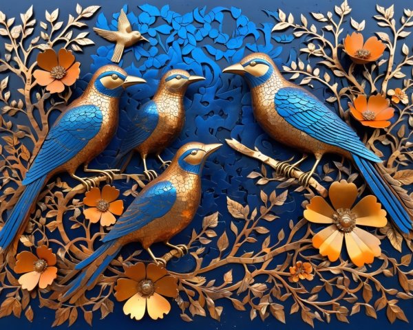 Intricate wall art with birds, branches, and flowers