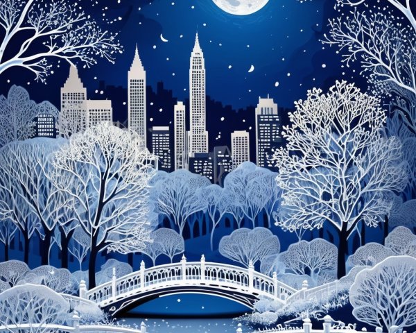 Winter Night Scene with Snowy Landscape and Skyscrapers