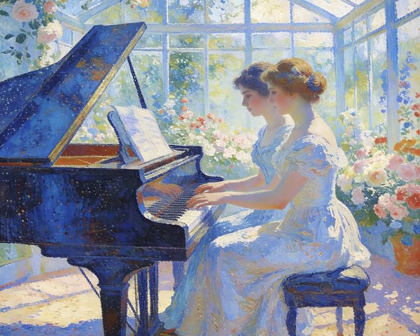 Two Women Playing Piano in a Sunlit Conservatory