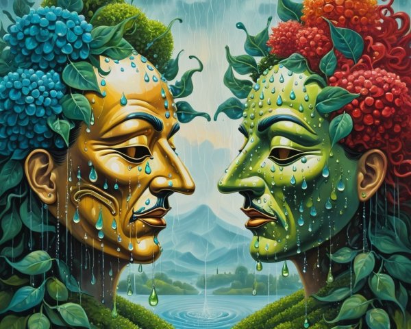 Surreal Faces Merging Nature and Humanity Elements