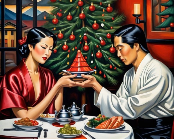 Couple Celebrates Christmas Dinner in Festive Setting