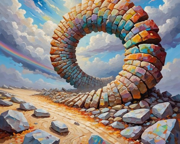 Rainbow-Colored Stone Archway in Dreamlike Landscape