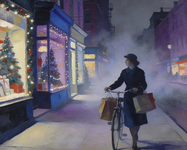 Woman with Bicycle and Shopping Bags in Christmas City