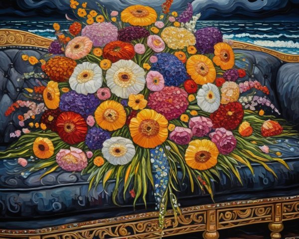 Vibrant Multicolored Flowers on Blue Couch Setting