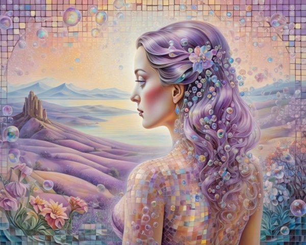 Serene Woman with Lavender Hair in Tranquil Landscape
