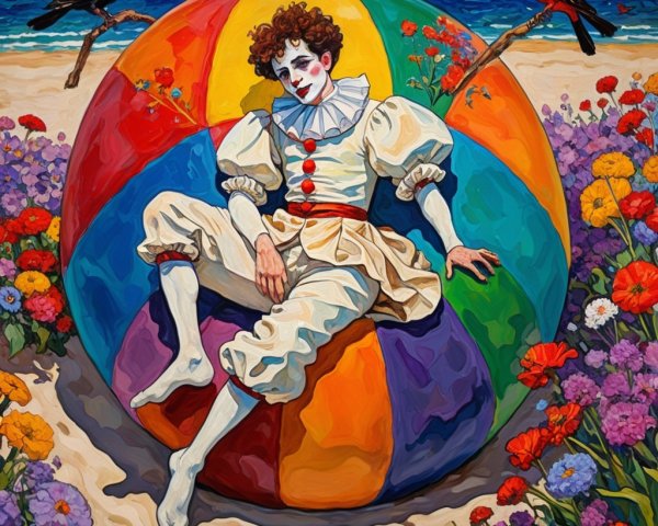 Whimsical Clown on Colorful Beach Ball in Vibrant Scene