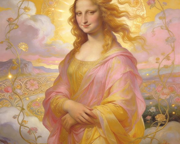 Oil Painting of a Blonde Mona Lisa with Gold Accents